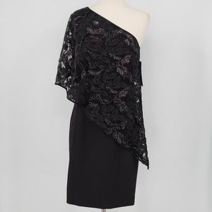 Tahari Black One Shoulder Ruffle Lace Sequin Ruffle Black Party Dress 4 Small